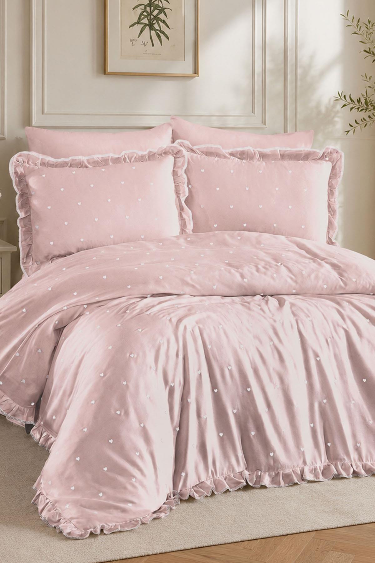 Amore Heart Embroidered Cotton Satin King Size 6-Piece Duvet Cover Set