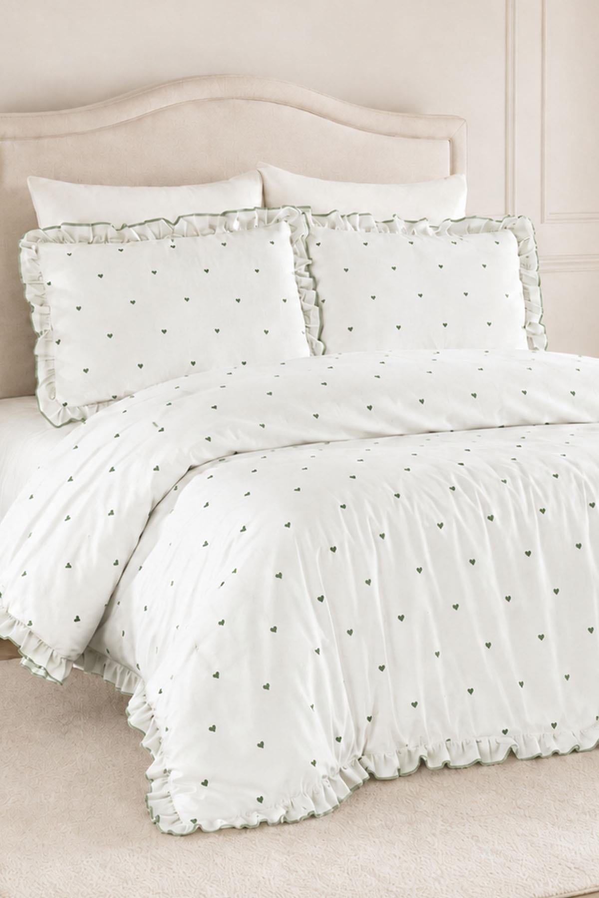 Amore Heart Embroidered Cotton Satin Super King Size 6 Piece Duvet Cover Set