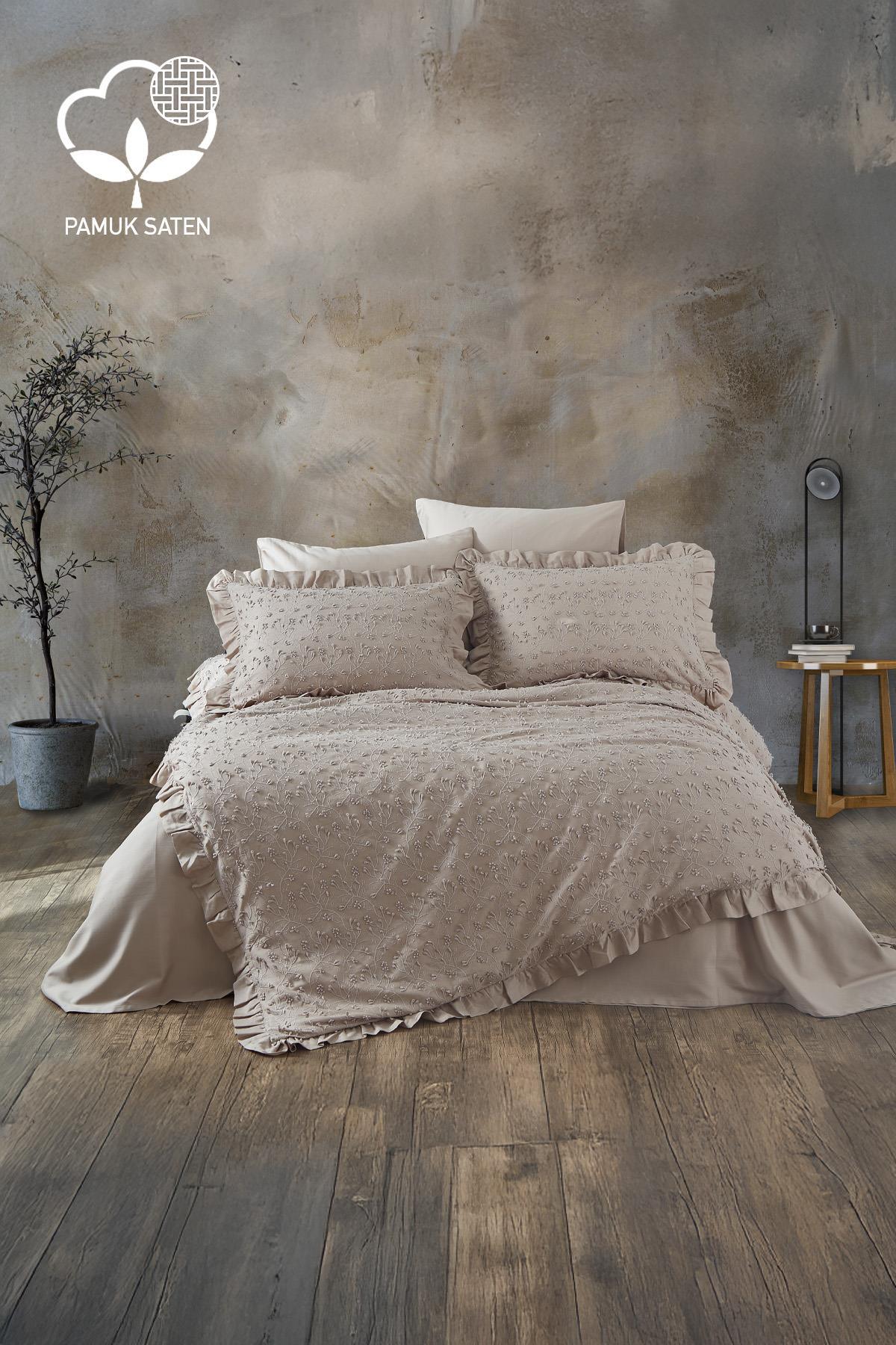 Beige embroidered cotton sateen double duvet cover set, modern bedroom decor