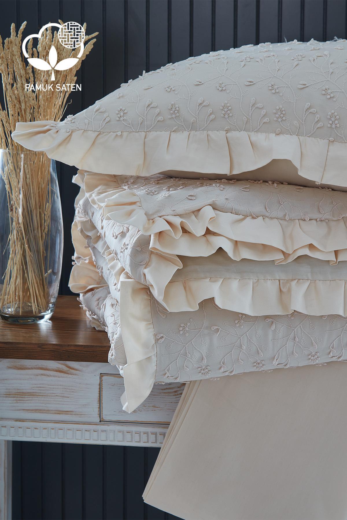 Double cream embroidered cotton sateen duvet cover set, with lace-detailed pillowcases and bedspread