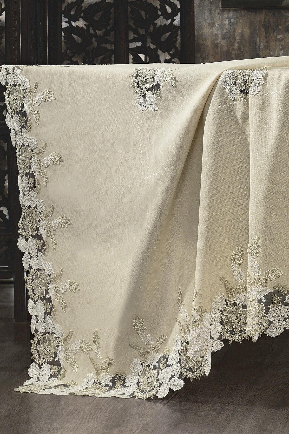Cream-colored stain-resistant tablecloth with lace floral embroidery on the edges, elegant tablecloth