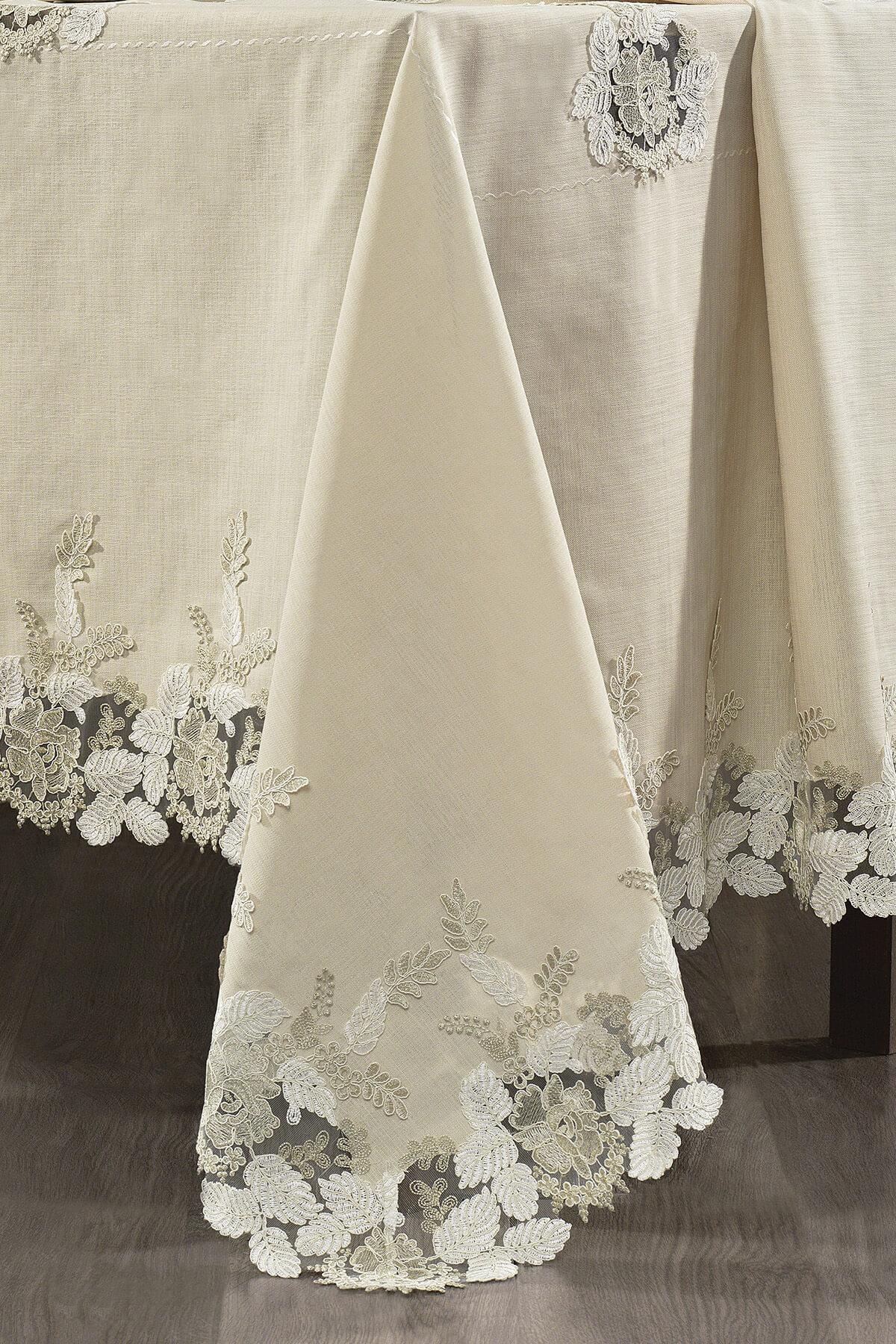 Cream-colored, lace-embroidered, stain-resistant tablecloth, elegant dining table decor
