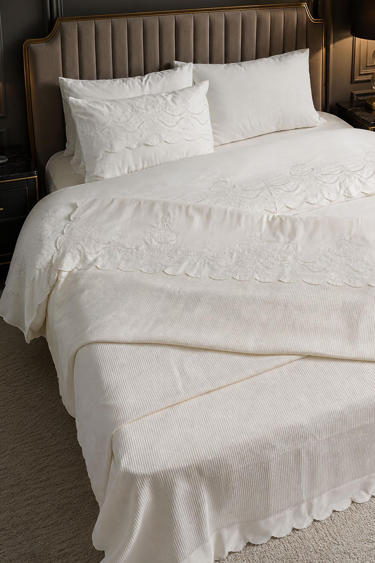 Hanzade Floral Embroidered King Size 7-Piece Duvet Cover + Quilt Set