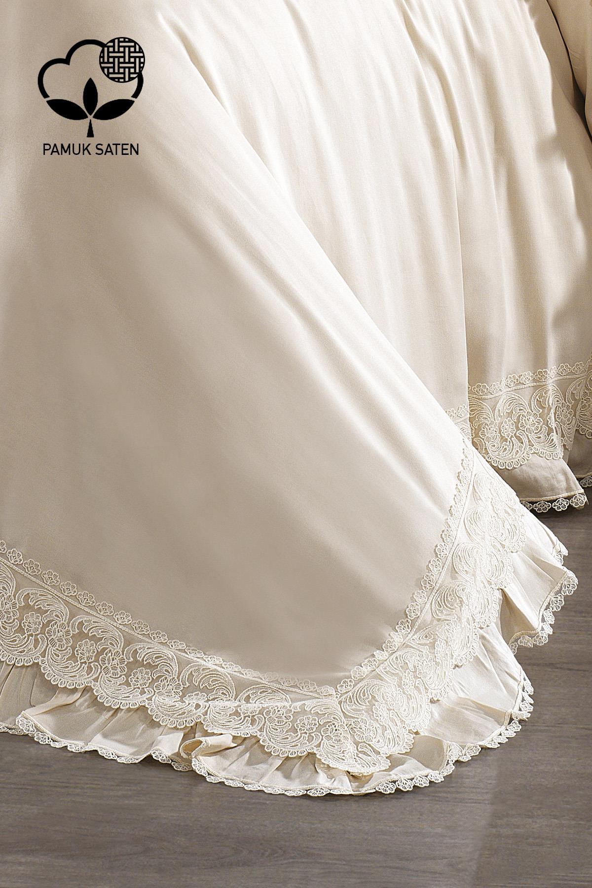 Lace-trimmed organic cotton sateen double duvet cover set, cream-colored with elegant embroidery.