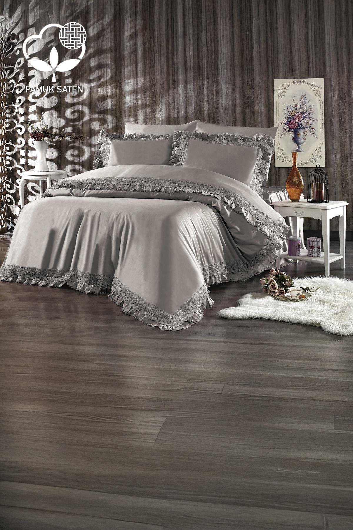 Grey lace-trimmed organic cotton sateen double duvet cover set in the bedroom