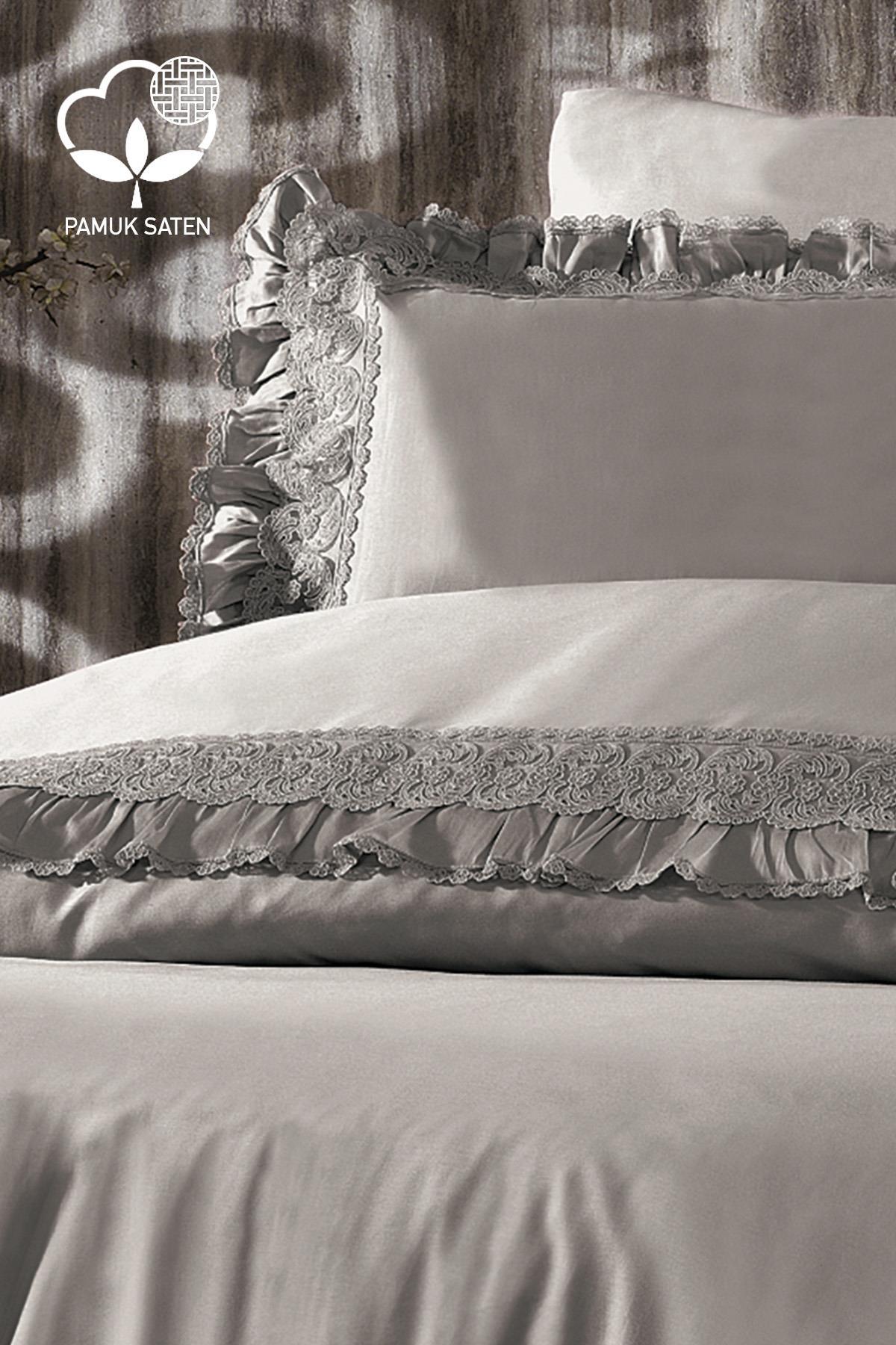 Gray lace organic cotton sateen double duvet cover set, stylish bedroom set