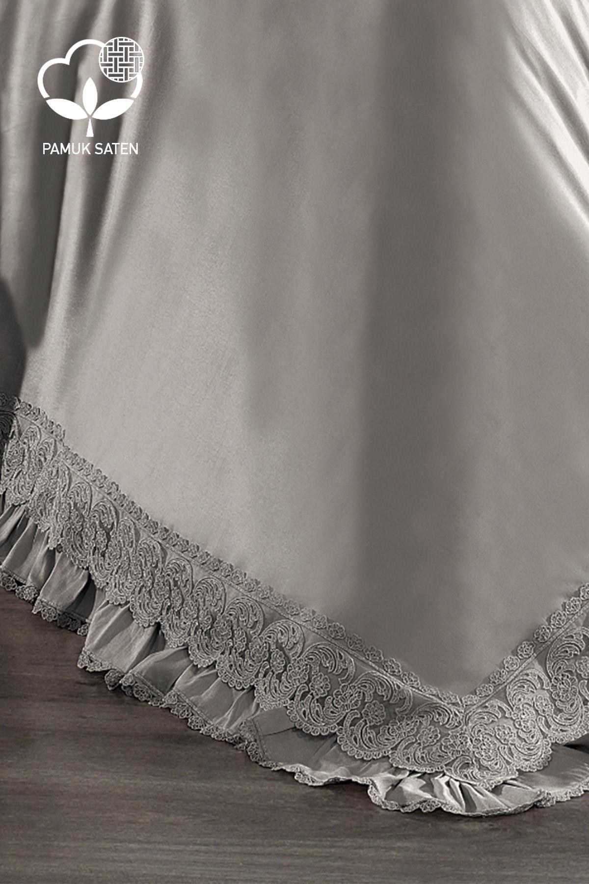 Lace-trimmed organic cotton sateen double duvet cover set, gray with upholstery detailing