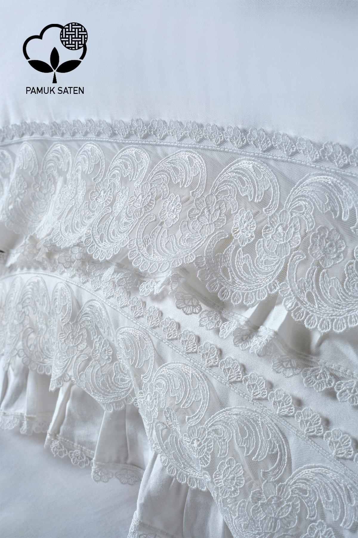 Detail view of white lace organic cotton sateen double duvet cover set