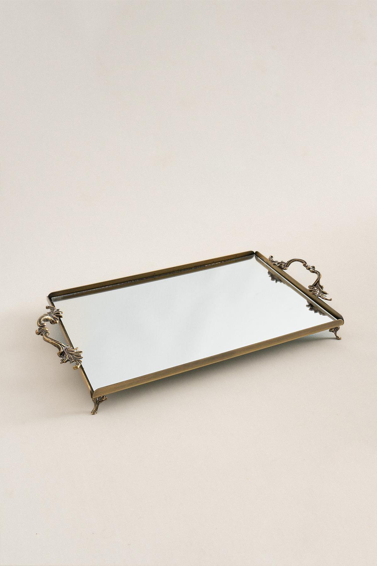 Large rectangular decorative tray with elegant metal handles, distressed finish, and mirrored surface