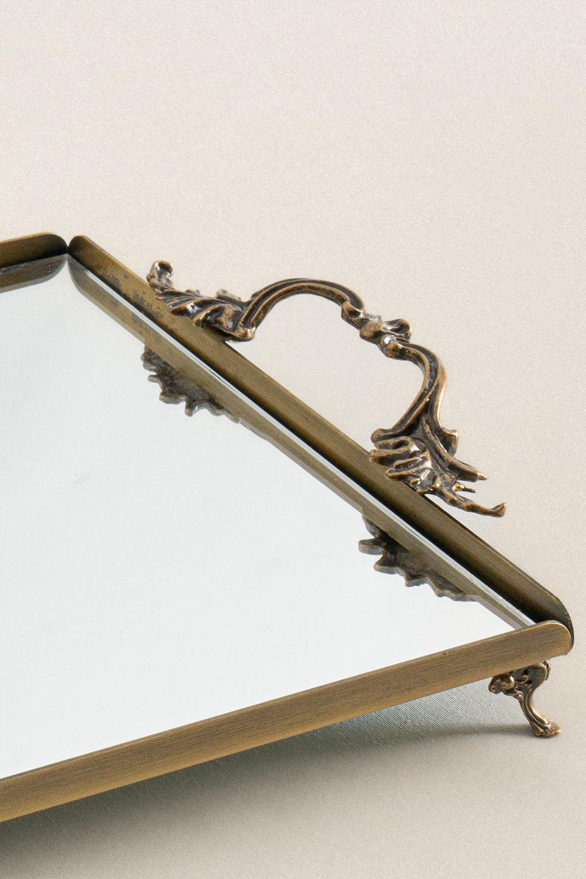 Large rectangular tray with a distressed finish, elegant handles, and a mirrored surface