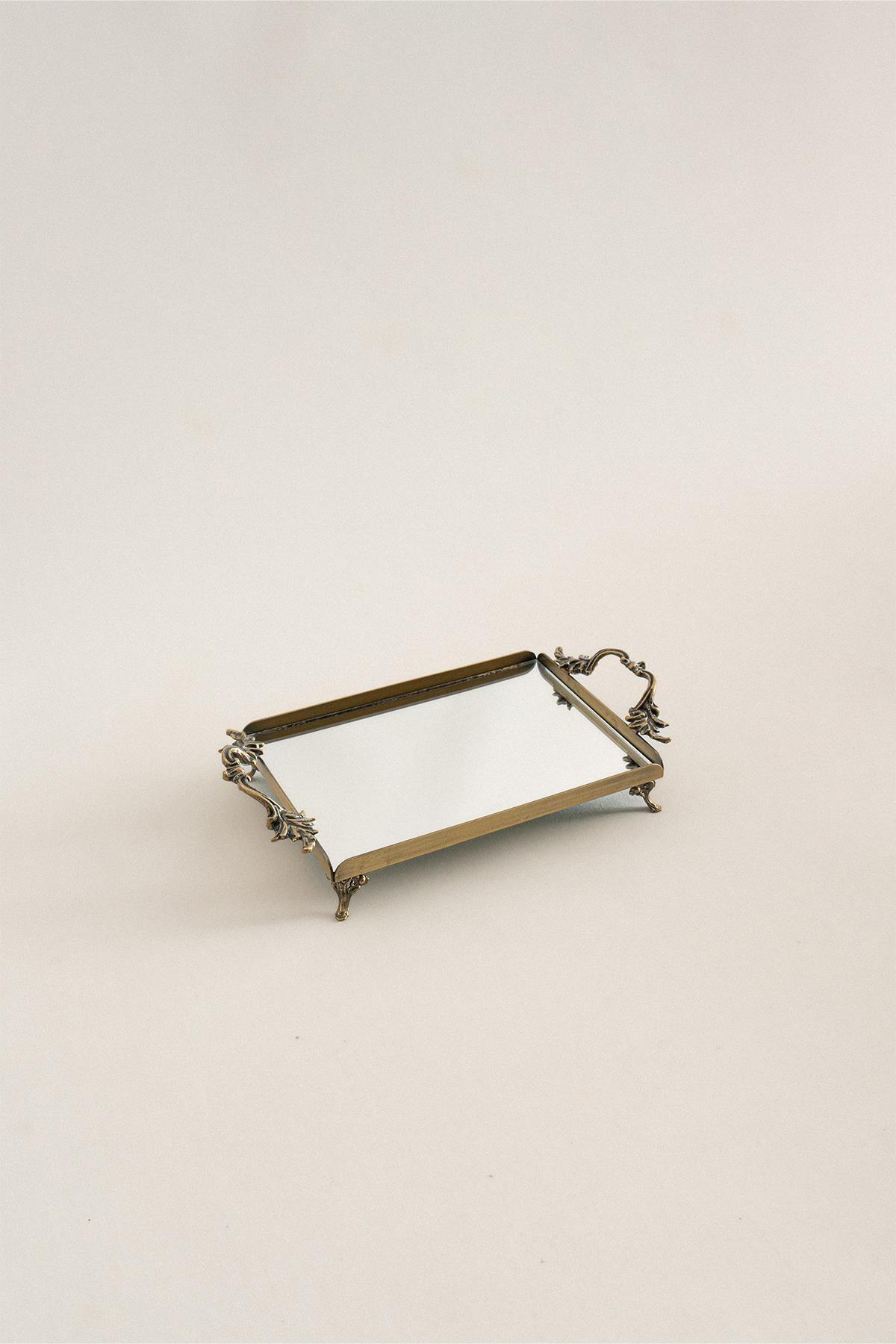 Decorative mini tray with elegant handles, distressed finish, mirrored surface, and antique metal feet