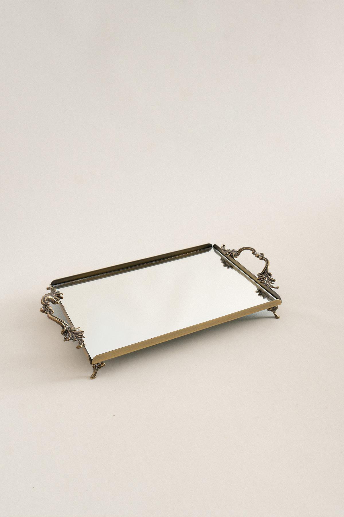 Medium-sized metal serving tray with elegant handles, distressed details, and a mirrored base