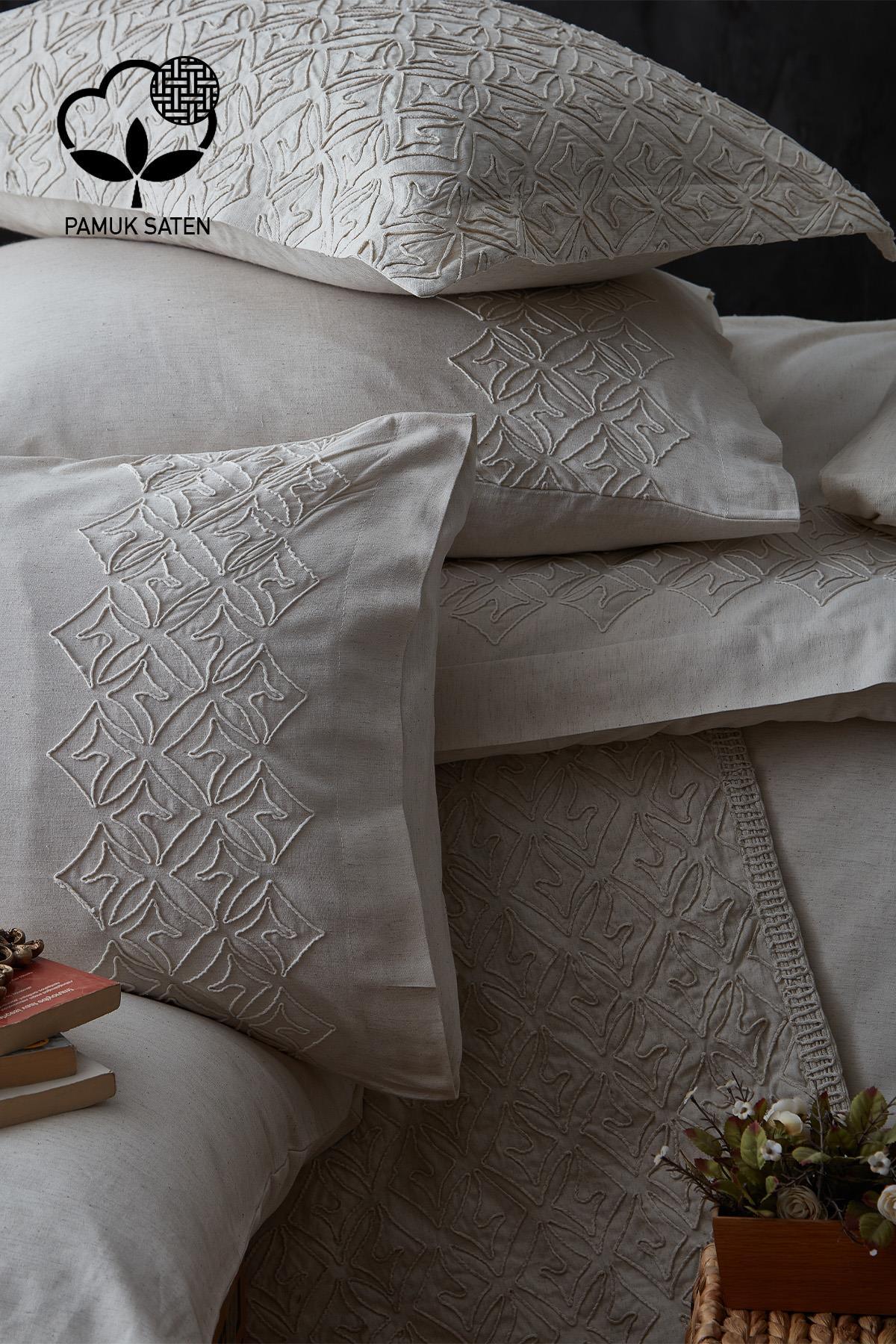 Beige embroidered cotton sateen double duvet cover, bedspread set, and pillows