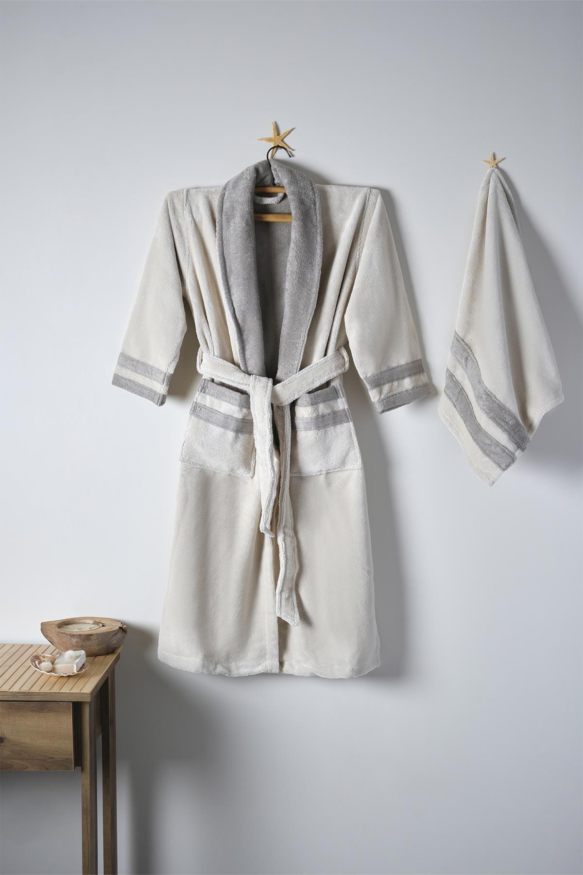 100% cotton men's bathrobe set, bathrobe with gray details and towel hanging on the wall