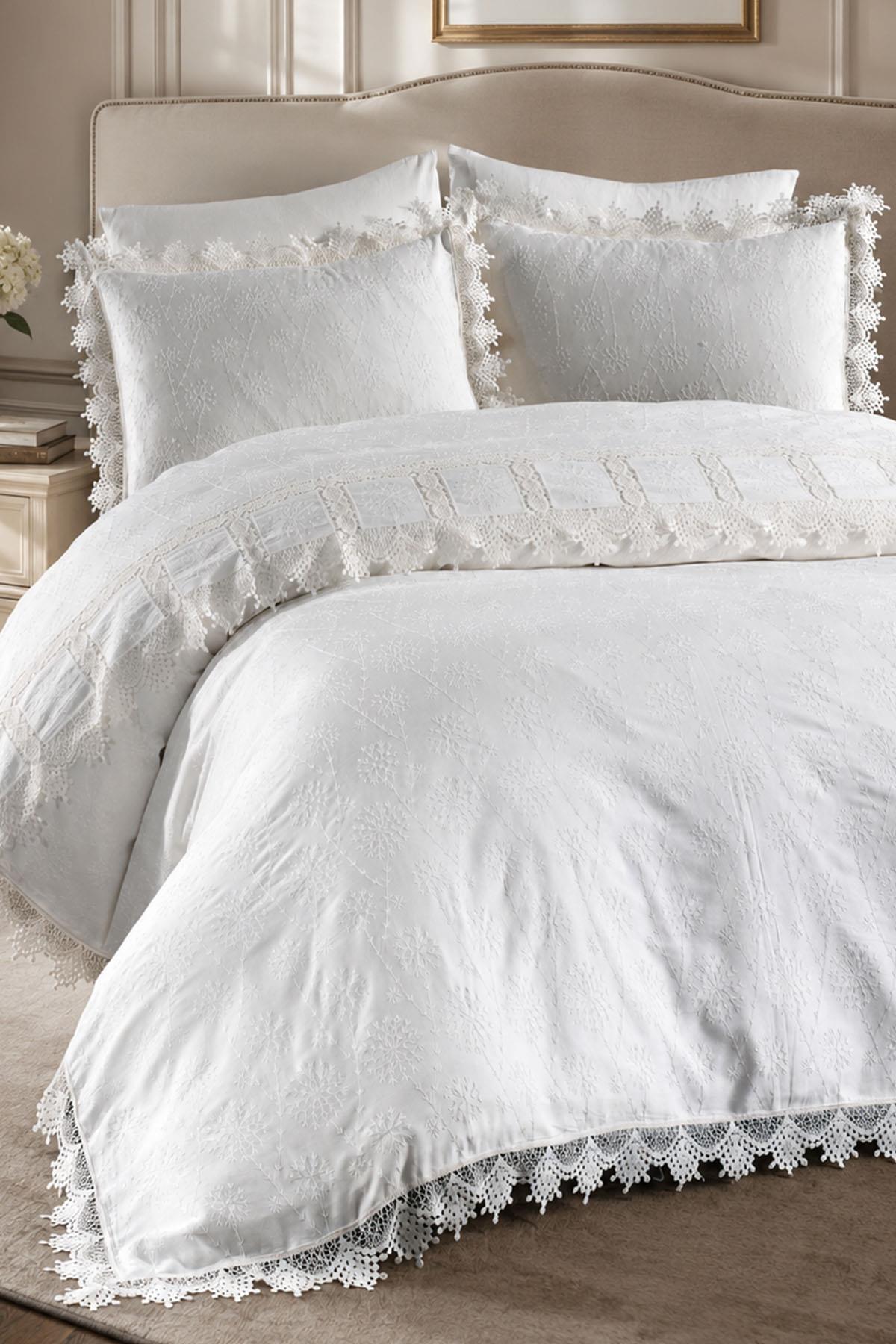 Mirage Lace Trimmed Cotton Satin Super King Size 6-Piece Duvet Cover Set