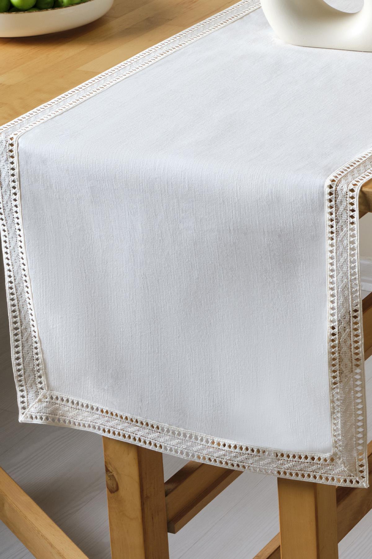 White lace-detail table runner on a wooden table, 40x140 cm decorative table linen