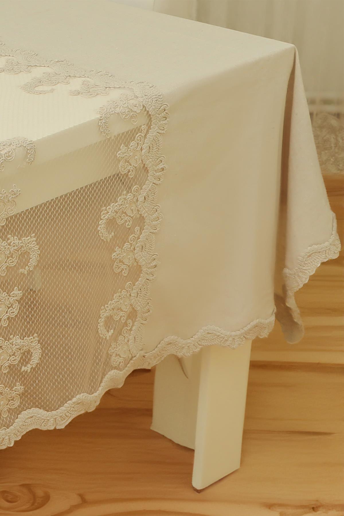 Cream lace tablecloth, rectangular table, stylish and elegant design