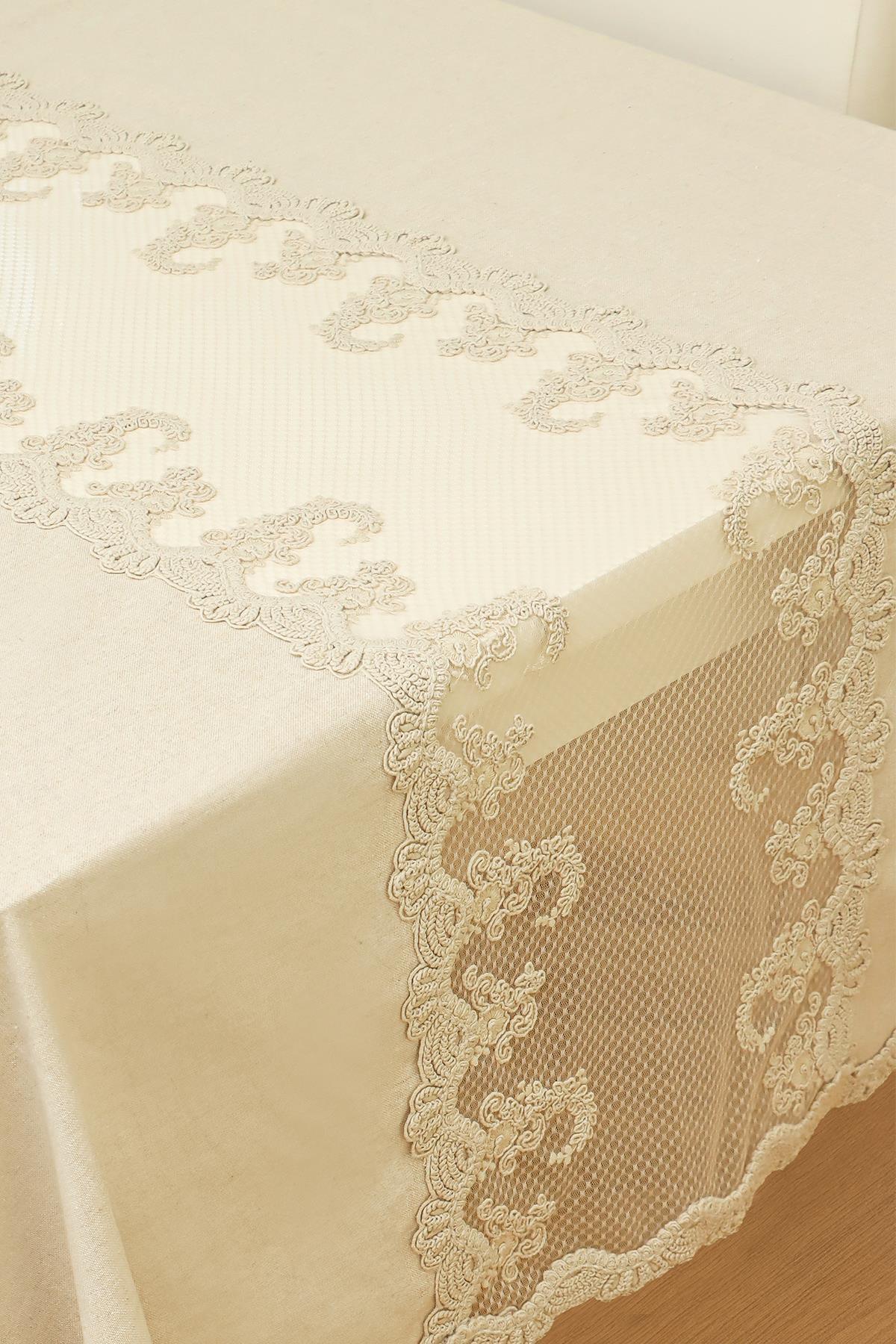 Cream-colored rectangular tablecloth with lace details, elegant and stylish table decor