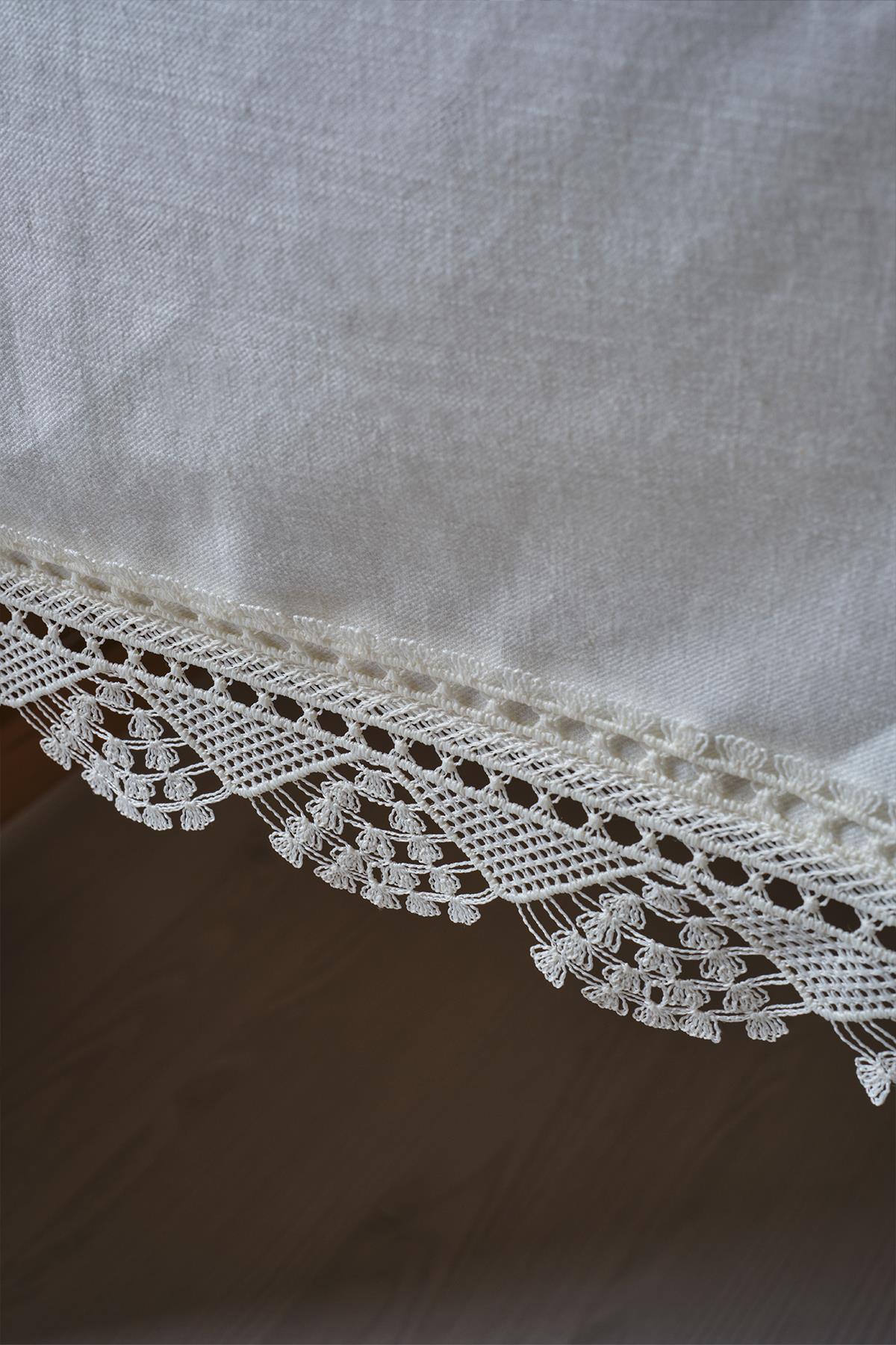 Detail view of a cream-colored, stain-resistant lace tablecloth