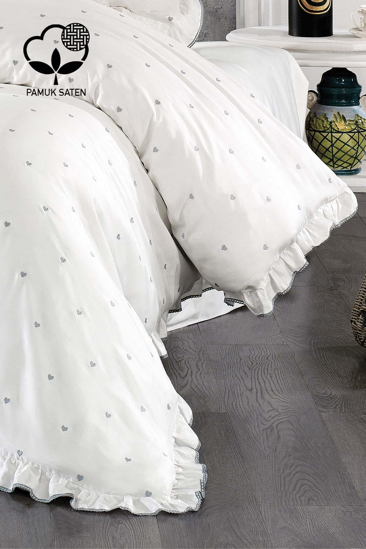 Amore Heart Embroidered Cotton Satin Super King Size 6 Piece Duvet Cover Set