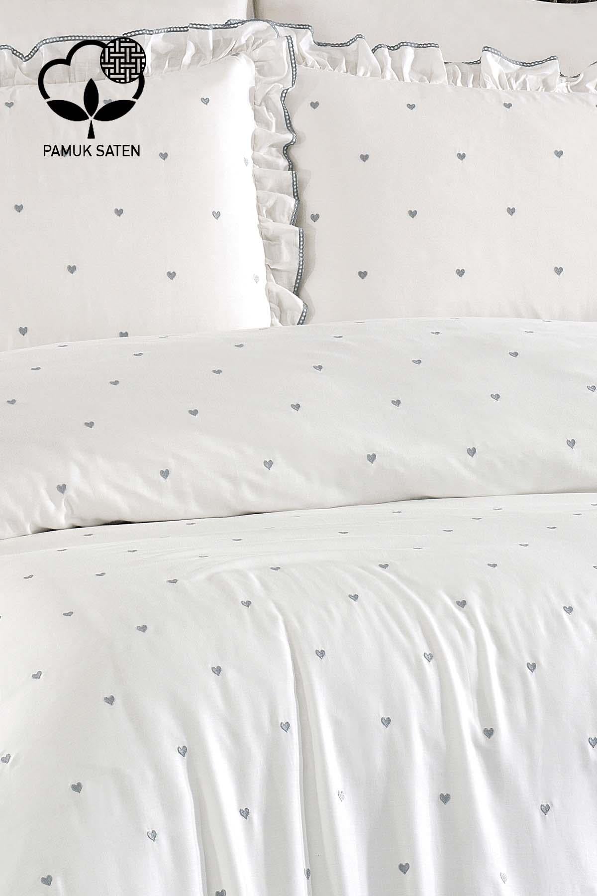 Amore Heart Embroidered Cotton Satin Super King Size 6 Piece Duvet Cover Set