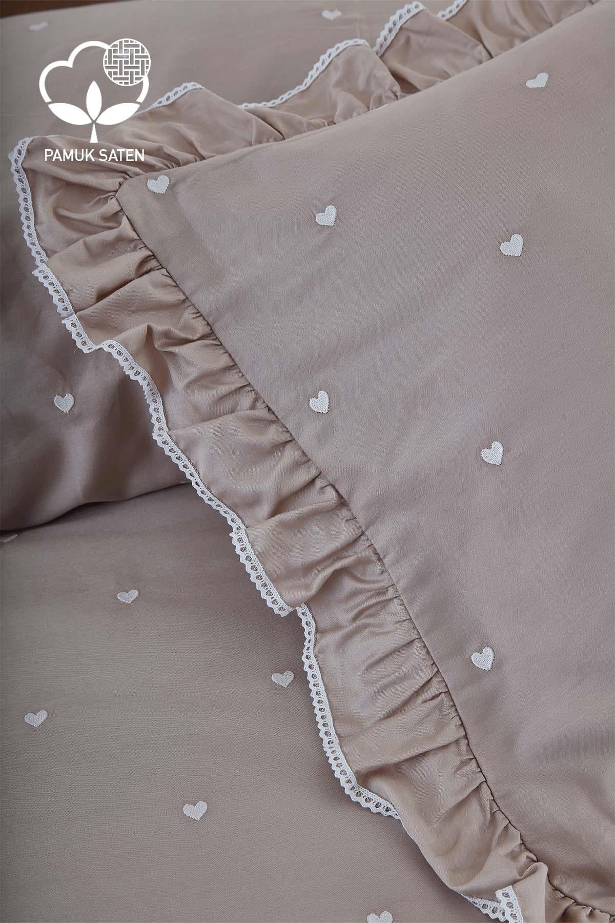 Amore Heart Embroidered Cotton Satin Super King Size 6 Piece Duvet Cover Set
