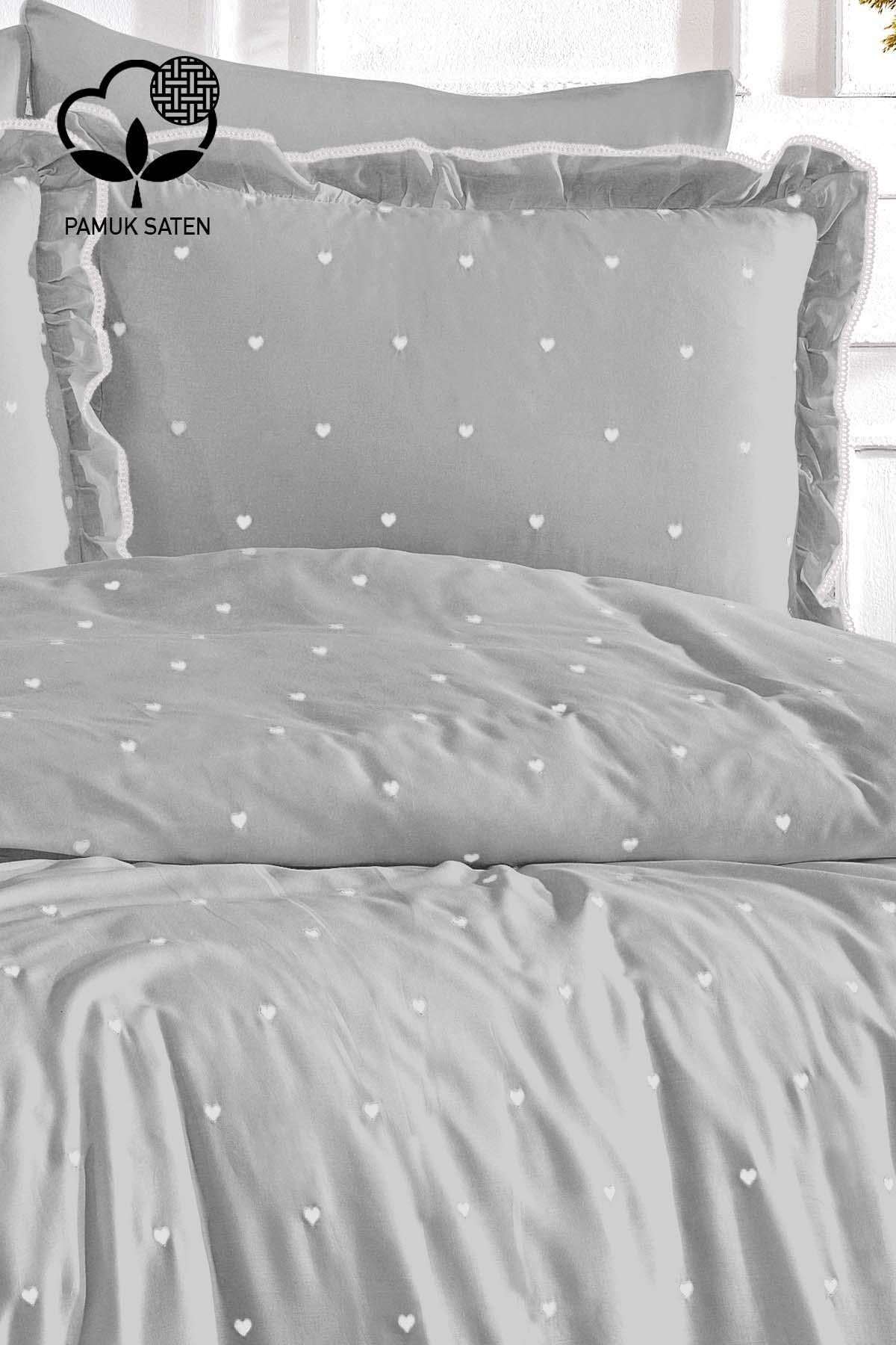 Amore Heart Embroidered Cotton Satin Super King Size 6 Piece Duvet Cover Set