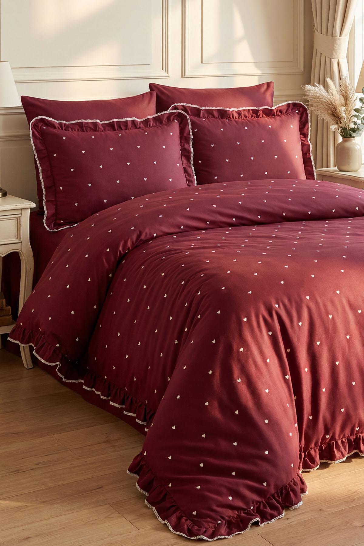 Amore Heart Embroidered Cotton Satin Single 4-Piece Duvet Cover Set