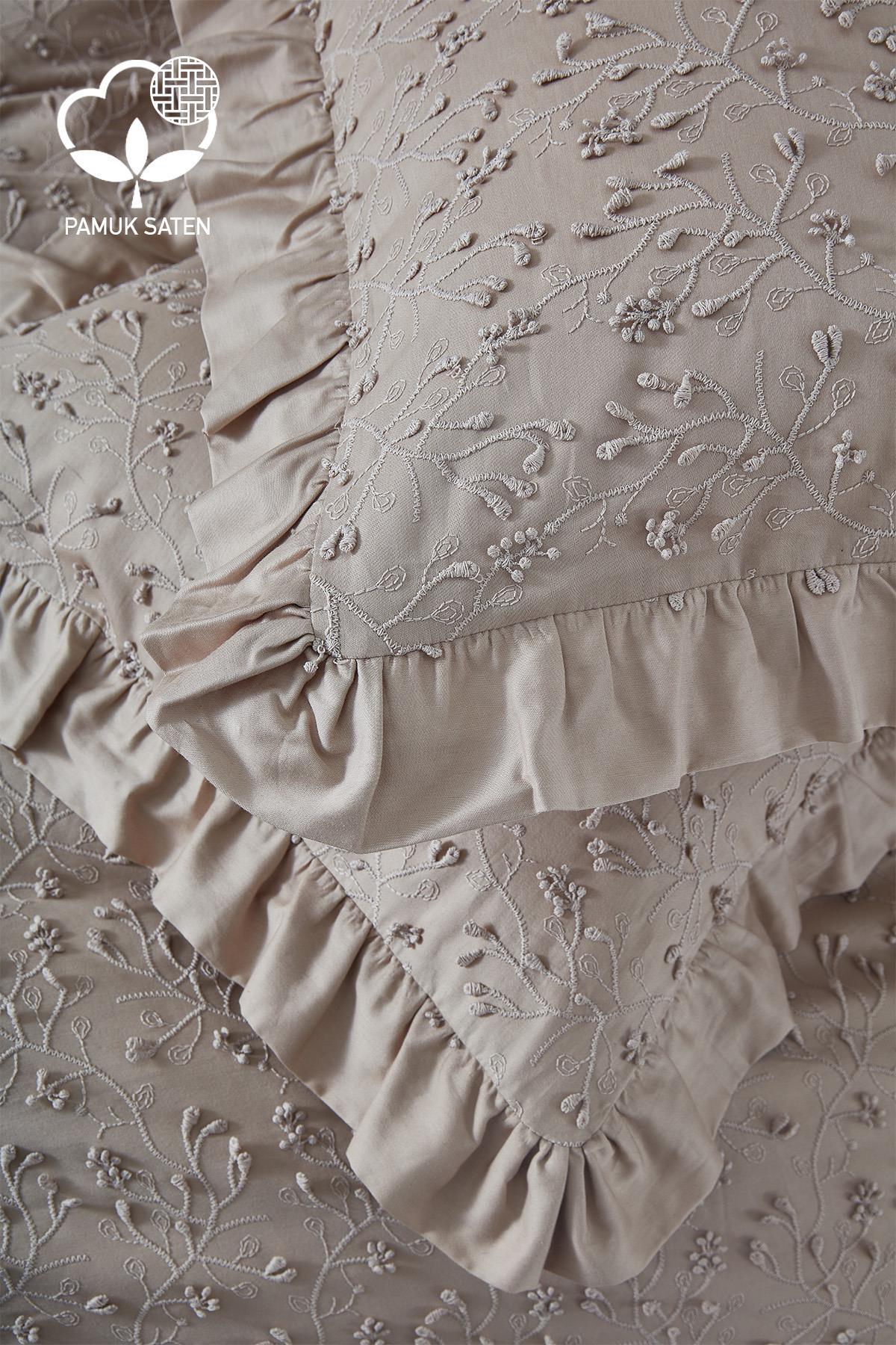 Beige embroidered cotton sateen double duvet cover set with lace details and an elegant look