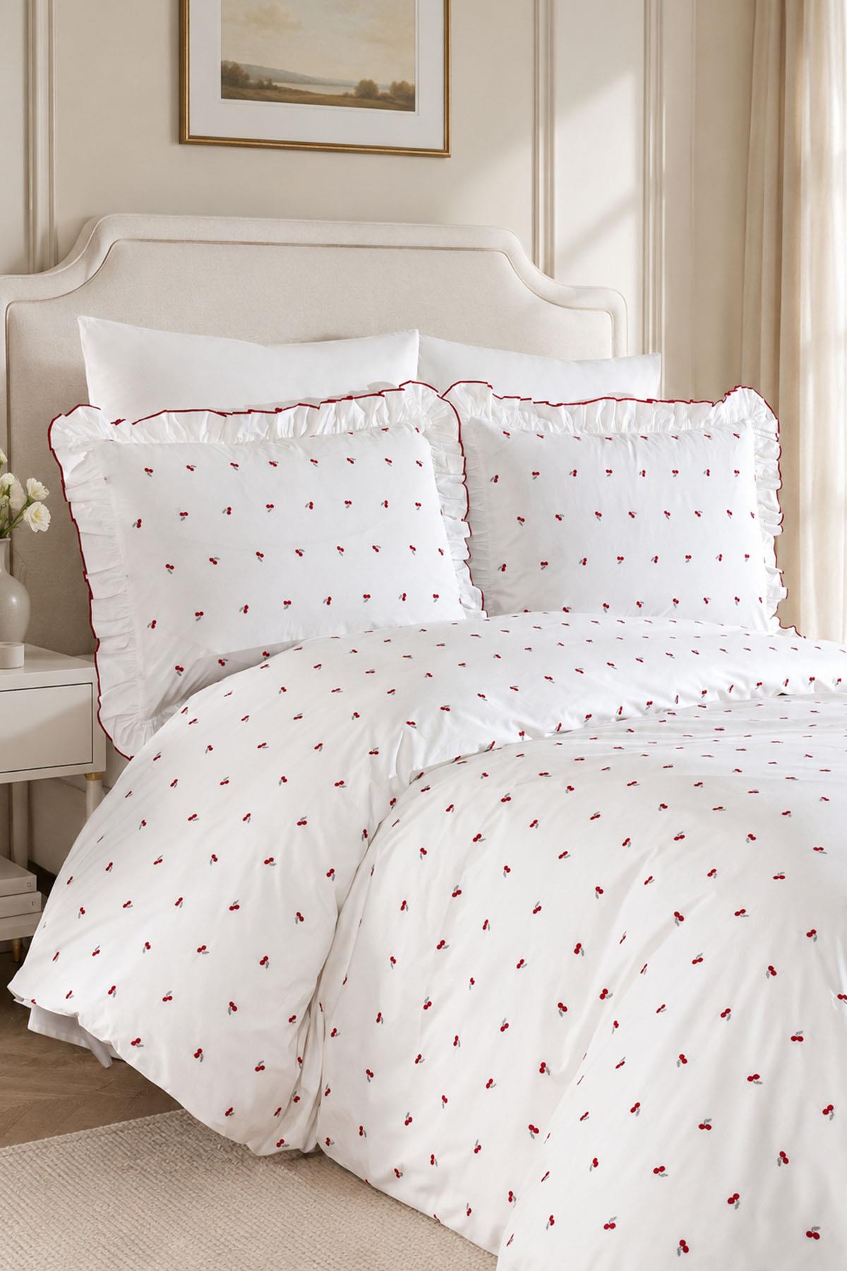 Cherry Embroidered 100% Cotton Double 6-Piece Duvet Cover Set