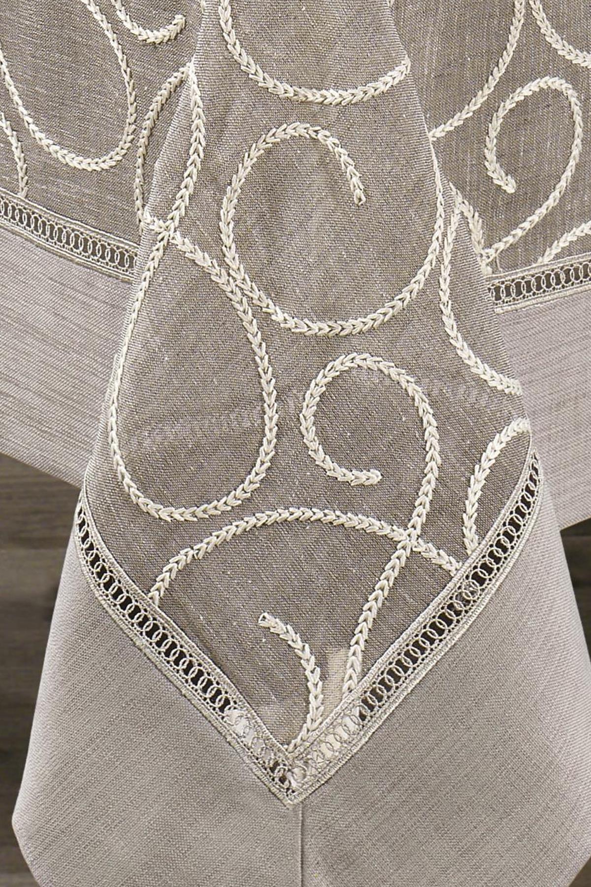 Cream-colored patterned stain-resistant tablecloth with elegant embroidery details, 160x260 cm