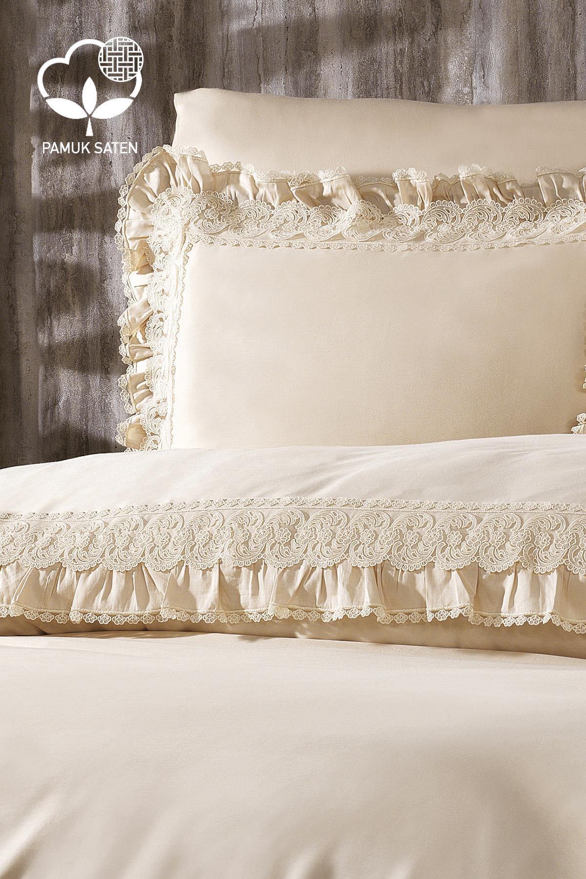 Lace-trimmed cream organic cotton sateen double duvet cover set, with elegantly detailed pillowcases and cover