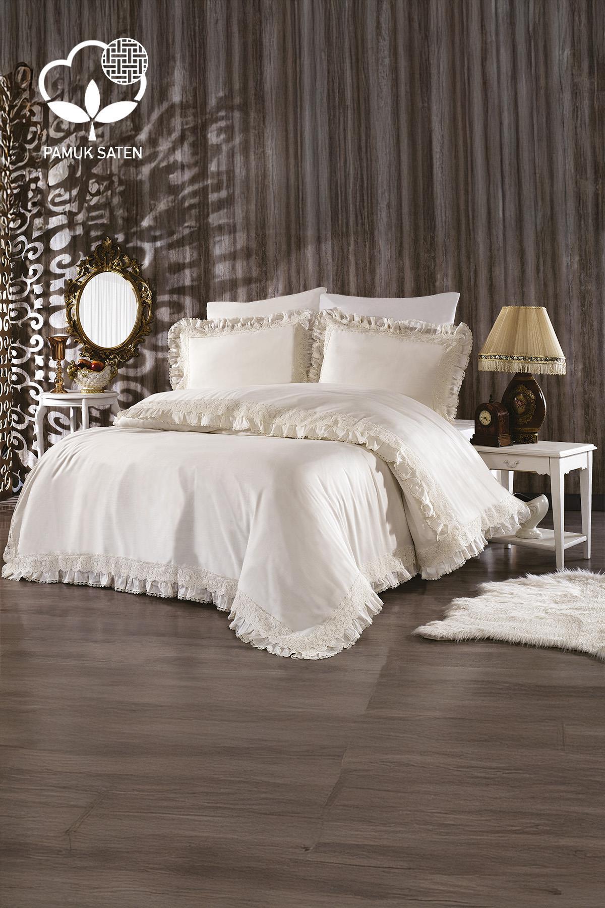 Lace-detailed organic cotton sateen double duvet cover set in stylish bedroom decor