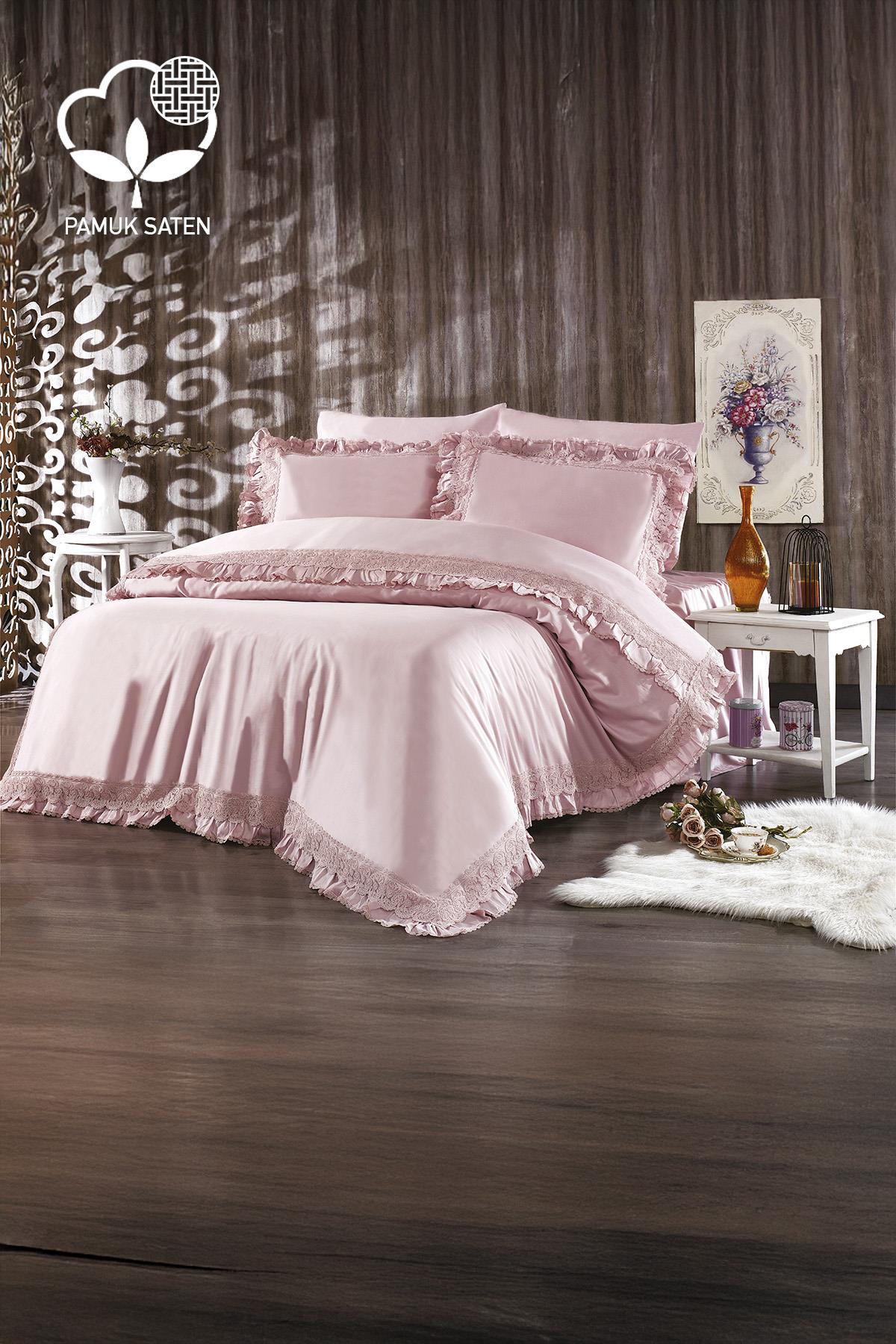 Powder pink lace organic cotton sateen double duvet cover set in the bedroom