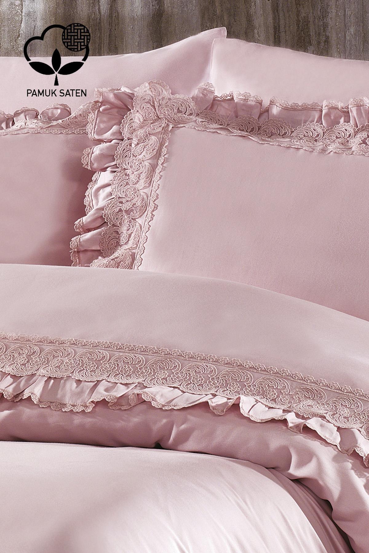 Pink organic cotton sateen double duvet cover set with lace, featuring elegant details.