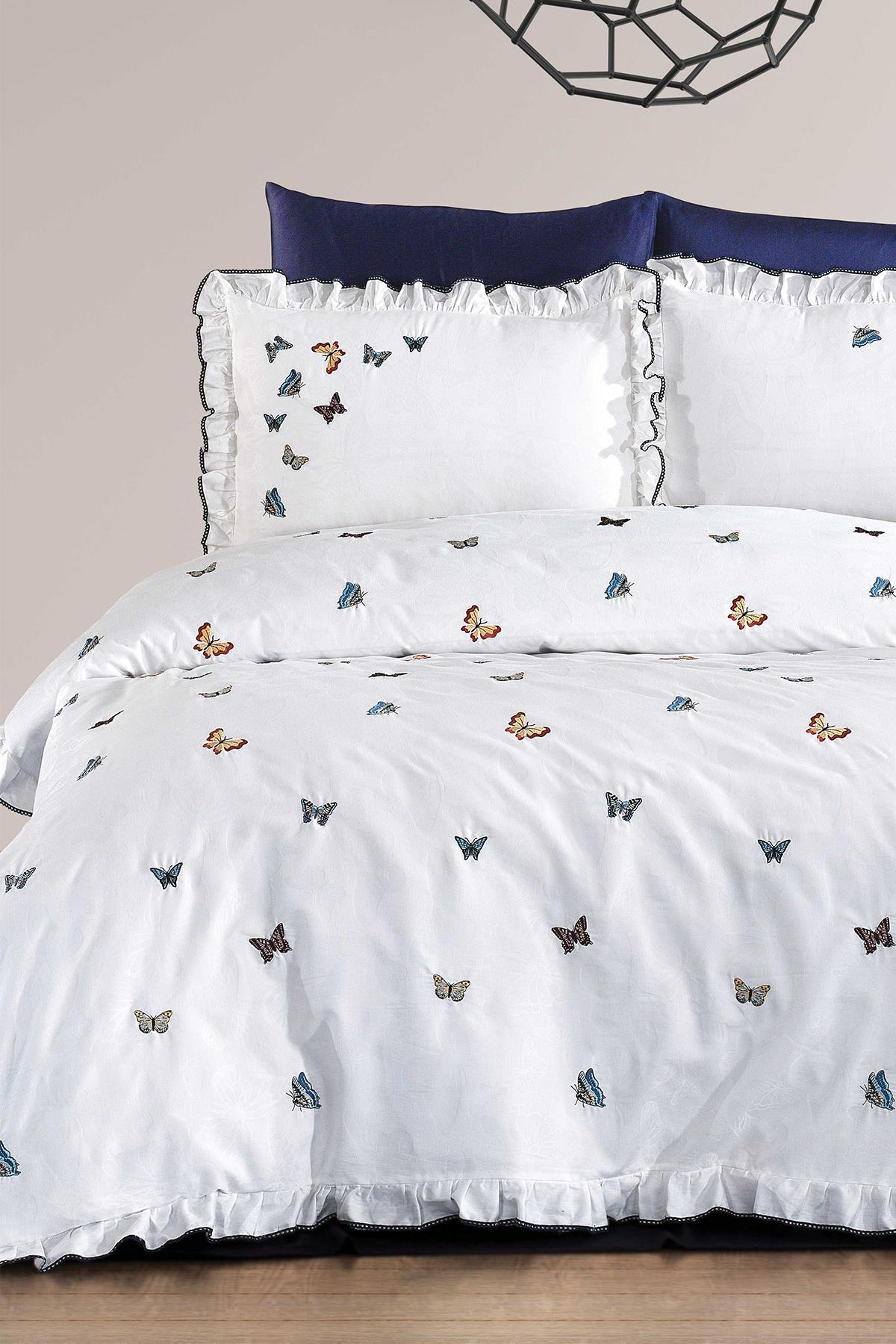 Laura Butterfly Embroidered Cotton Satin Super King Size Duvet Cover Set