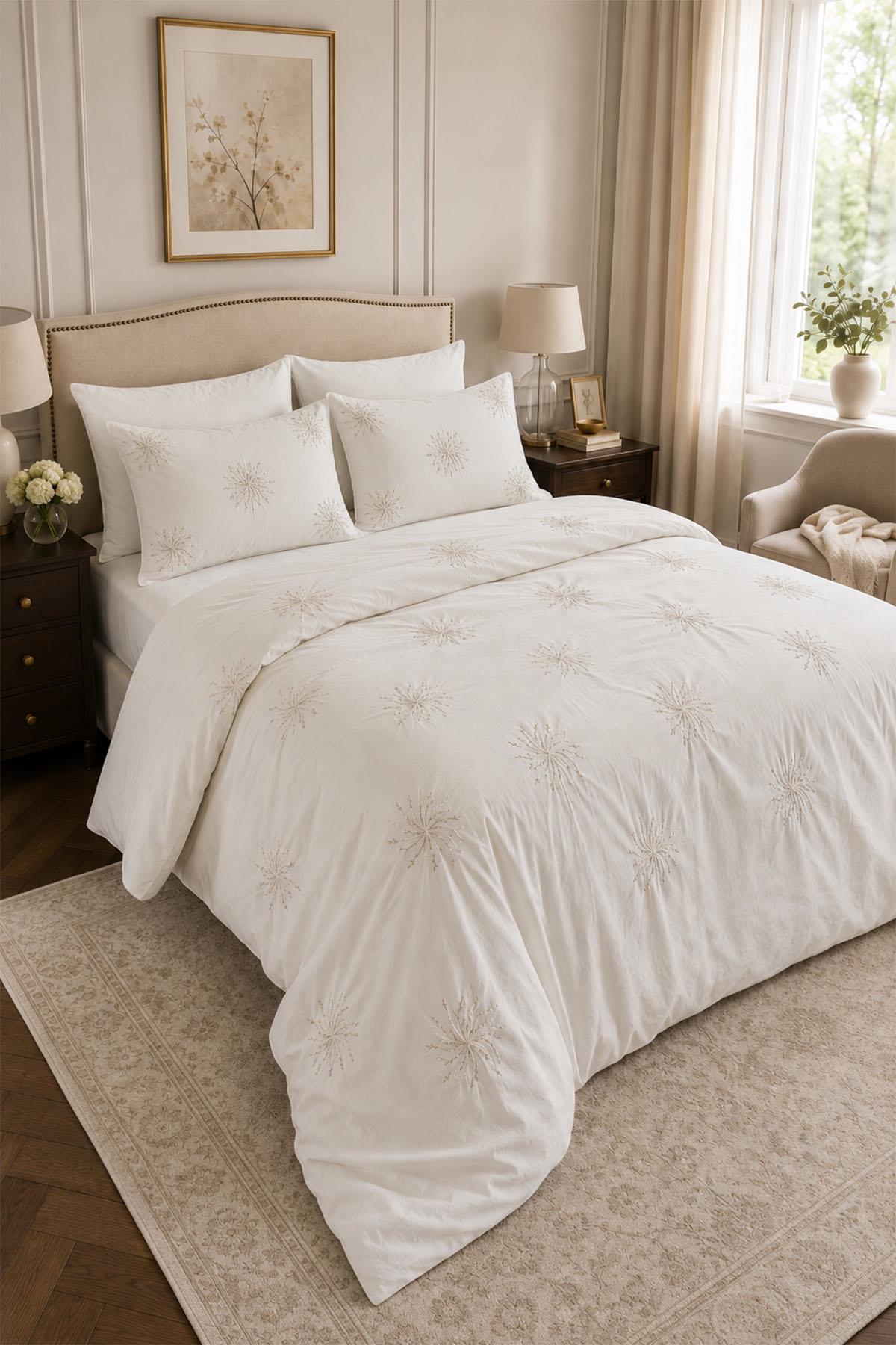 Lorient Pearl Embroidered Cotton Satin Double 6-Piece Duvet Cover Set