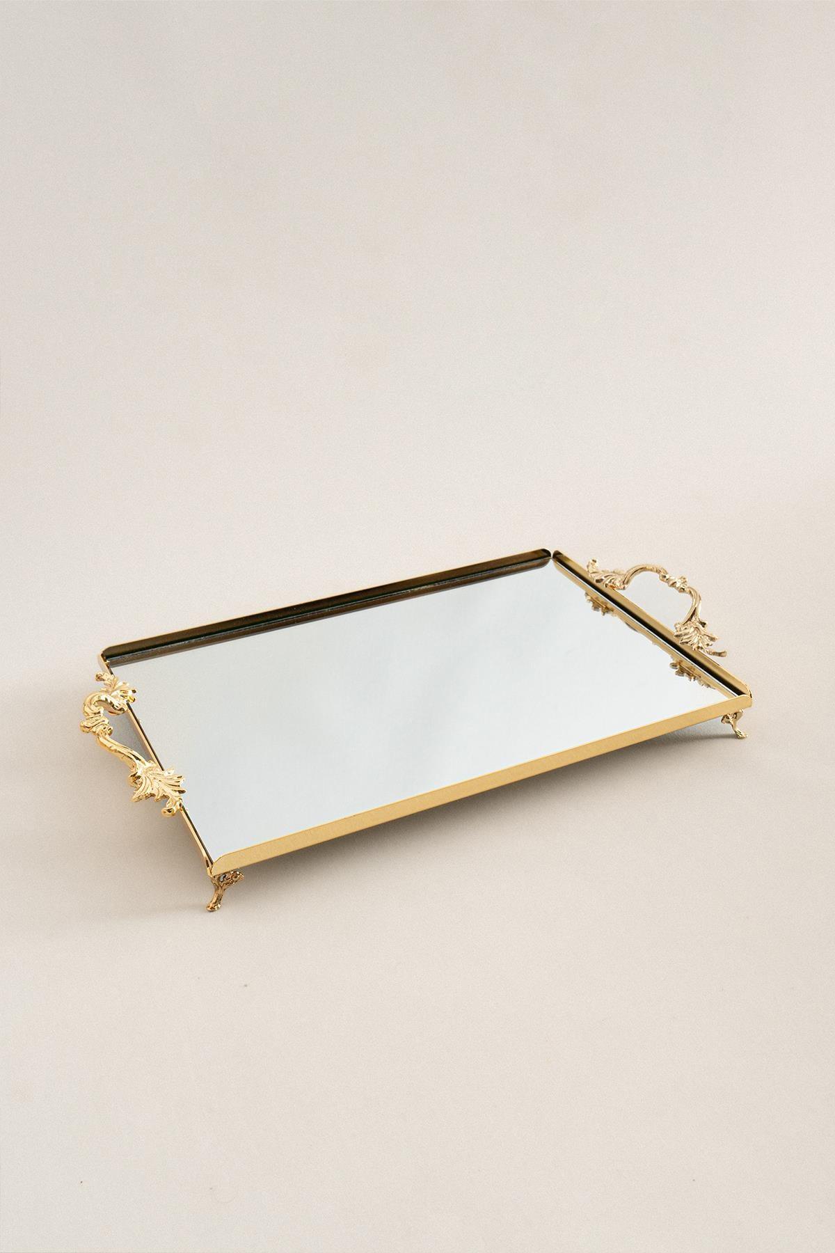 Large gold serving tray with elegant handles and a mirrored surface, decorative tray 40x26 cm