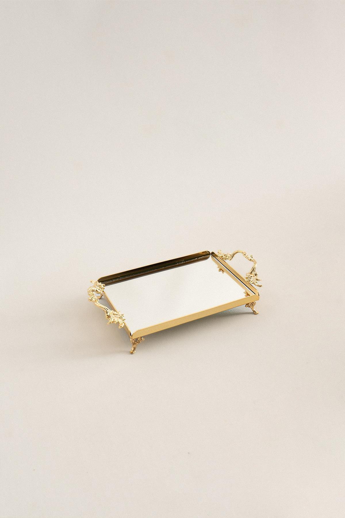 Decorative elegant gold mini tray with handles, luxury mirrored metal tray, tabletop ornament