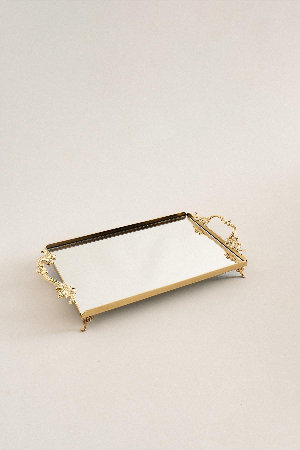 Medium-sized rectangular metal tray with elegant gold-colored handles, decorative serving platter