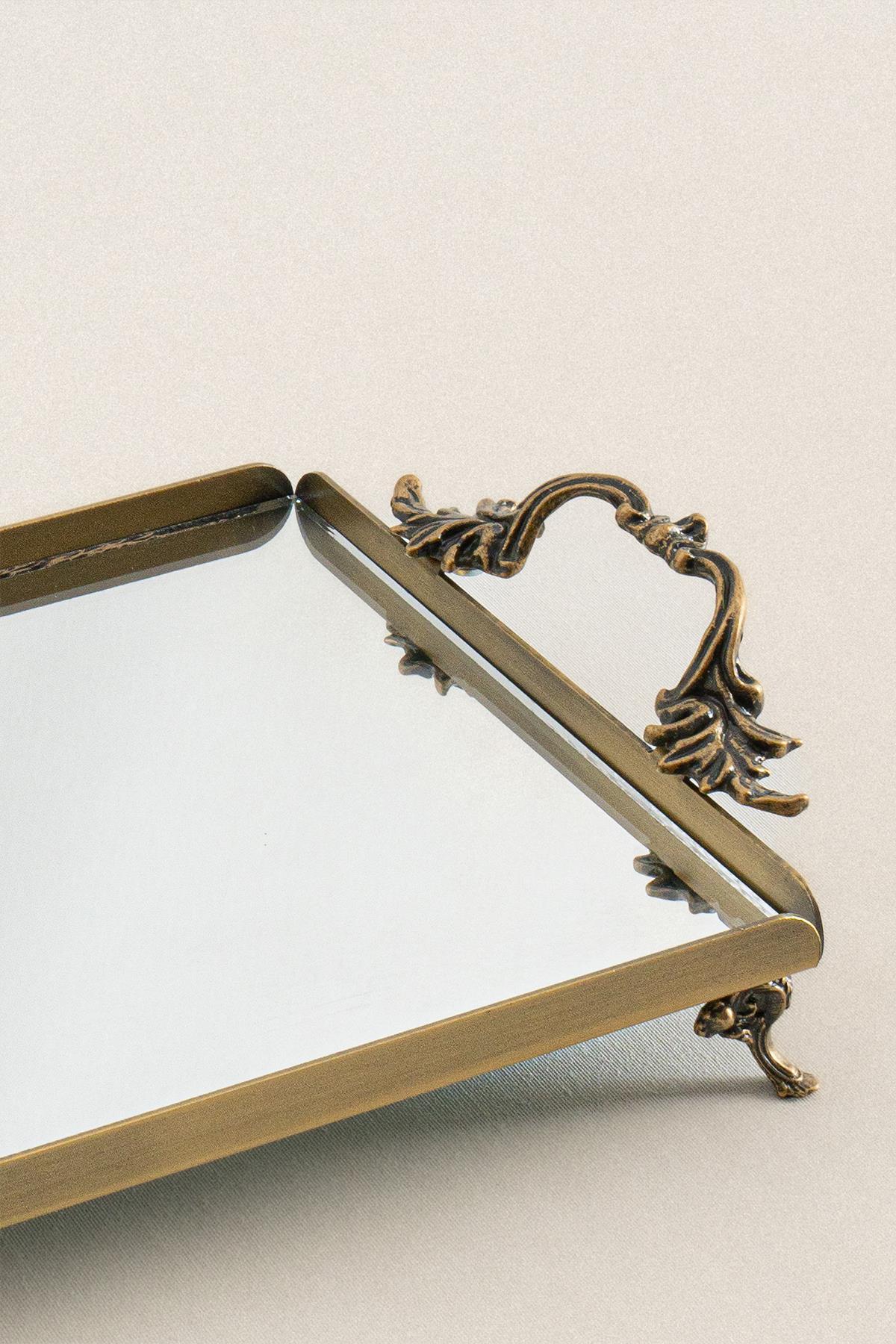 Small mirrored serving tray with antique bronze handles, decorative and classic design