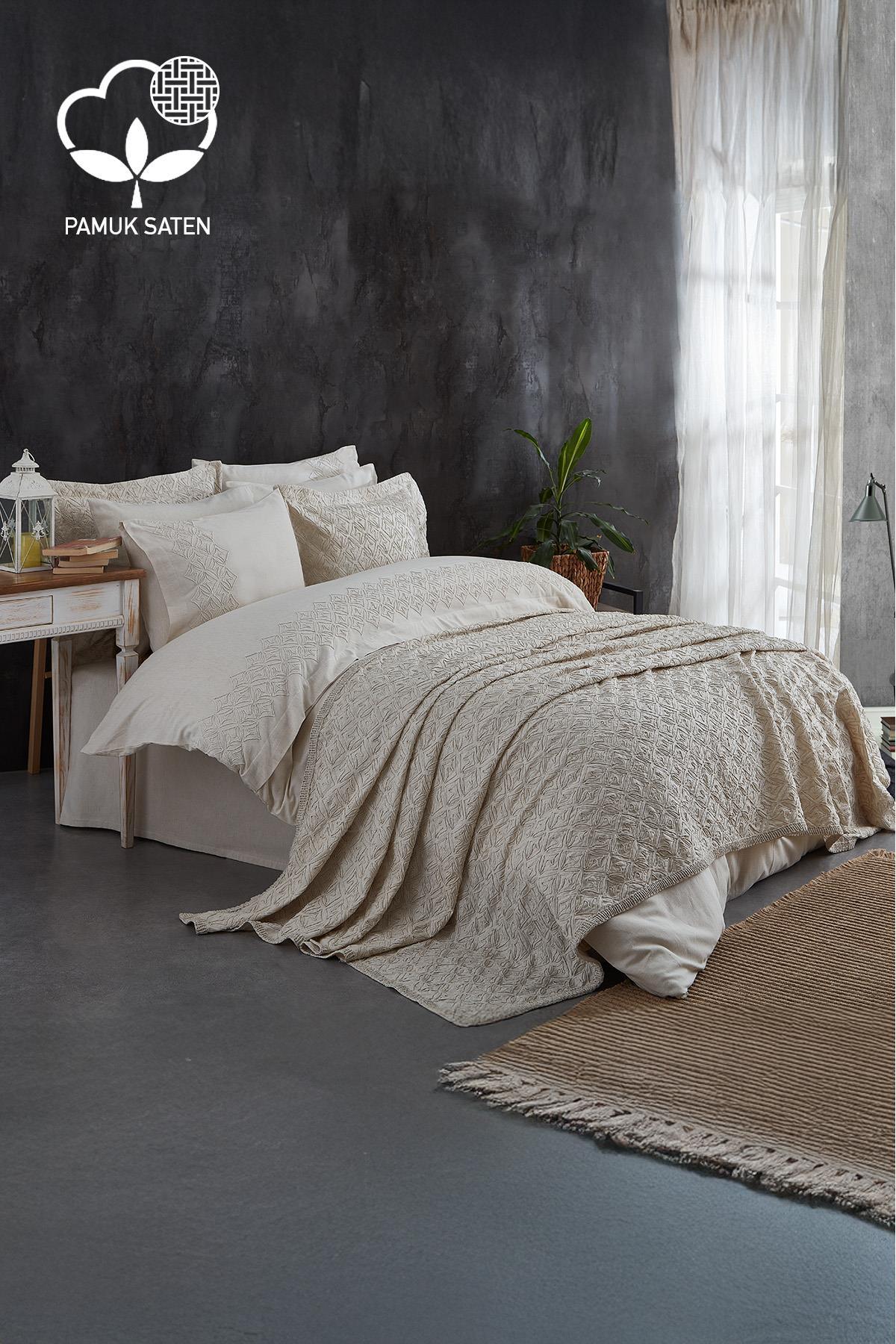 Beige cotton sateen 9-piece double duvet cover and bedspread set, modern bedroom decor
