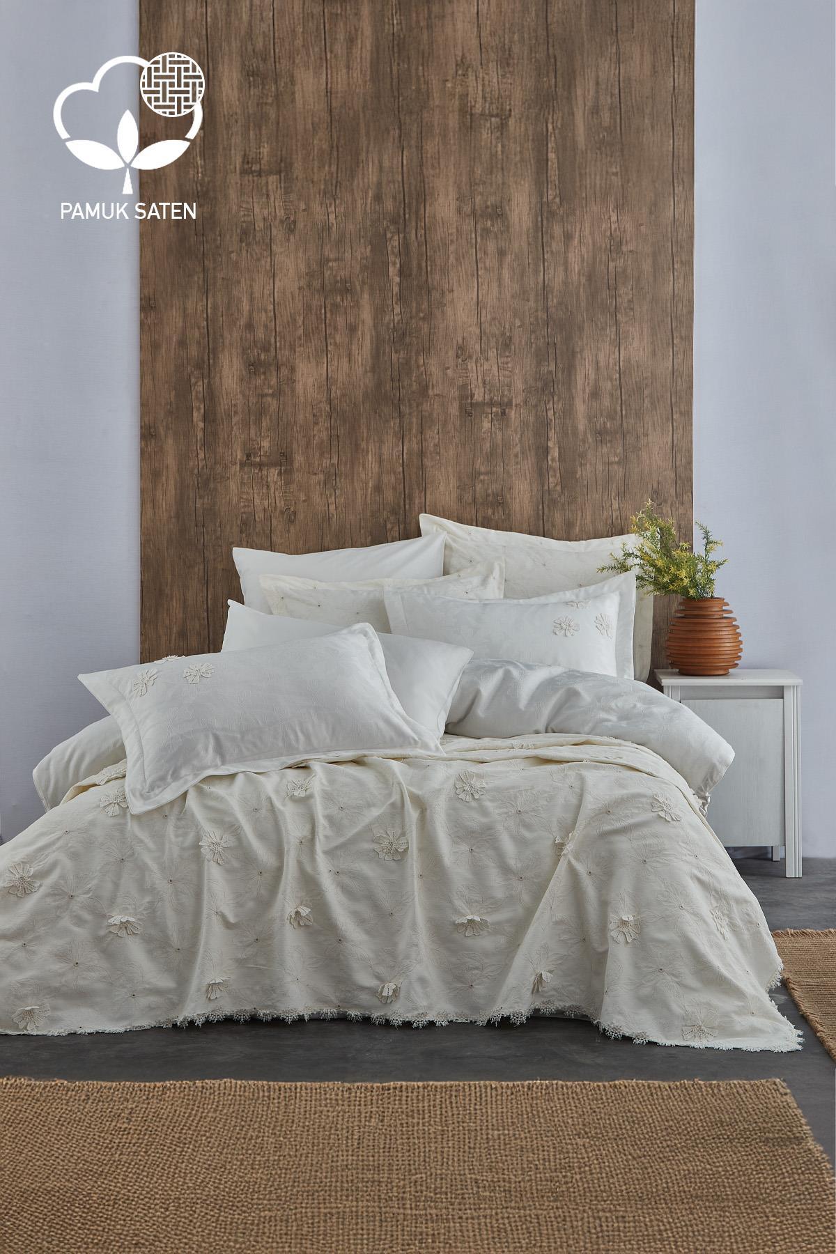 Narcissus Flower Embroidered Super King Size 9-Piece Duvet Cover & Bedspread Set - Nazik Home - Value for My Home!