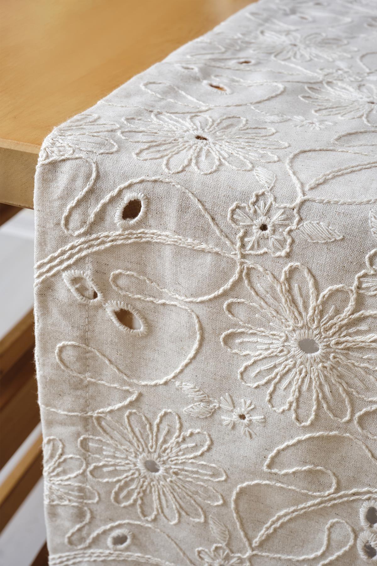 Cream-colored lace tablecloth with floral embroidery and runner