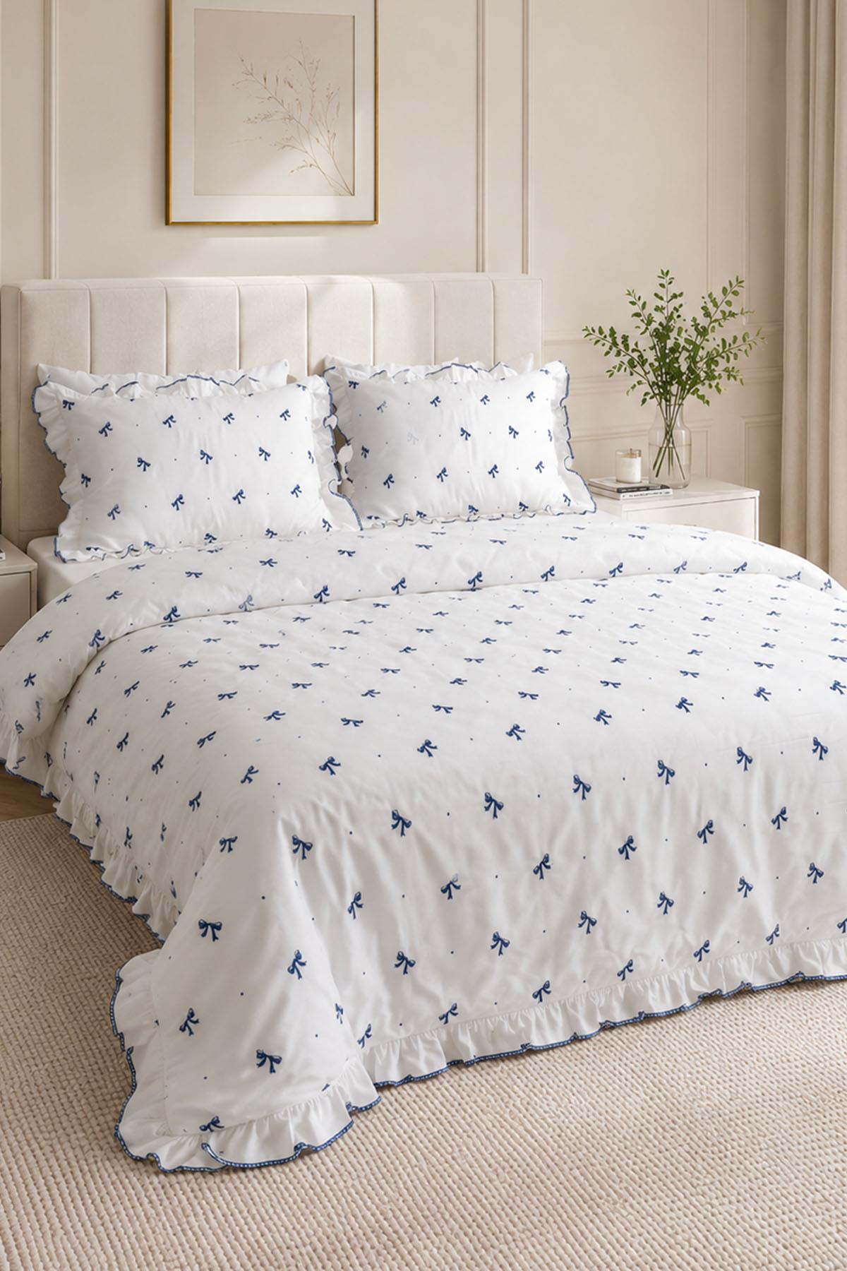 Serena Bow Embroidered Cotton Satin King Size 6-Piece Duvet Cover Set