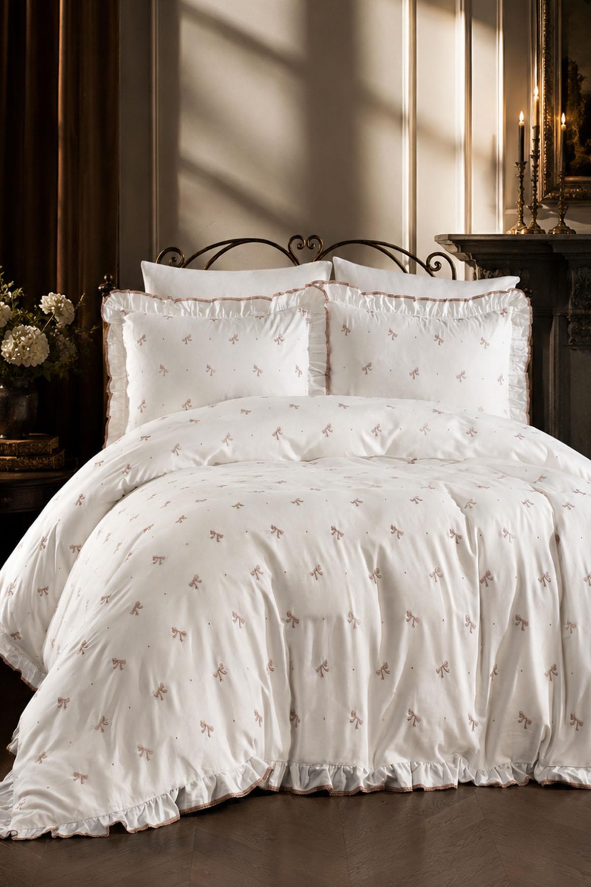 Serena Bow Embroidered Cotton Satin King Size 6-Piece Duvet Cover Set