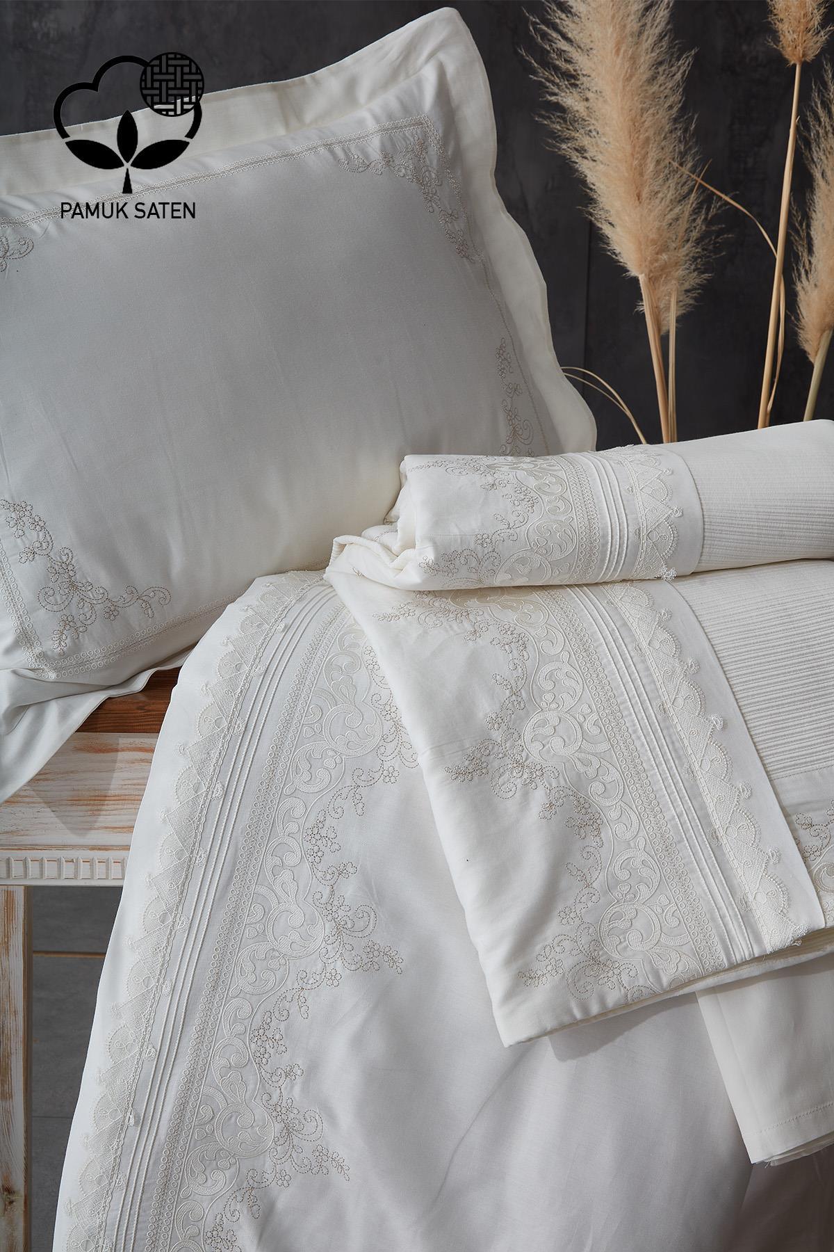 Double duvet cover and pique set in white cotton sateen with ruby embroidery